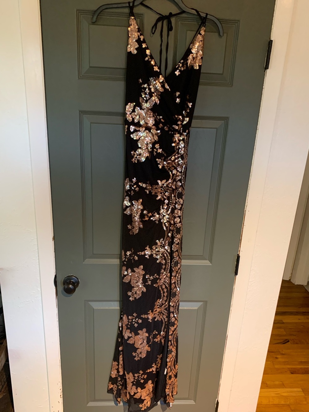 Windsor Black Evening Dress with Rose Gold Sequin Floral Embroidery